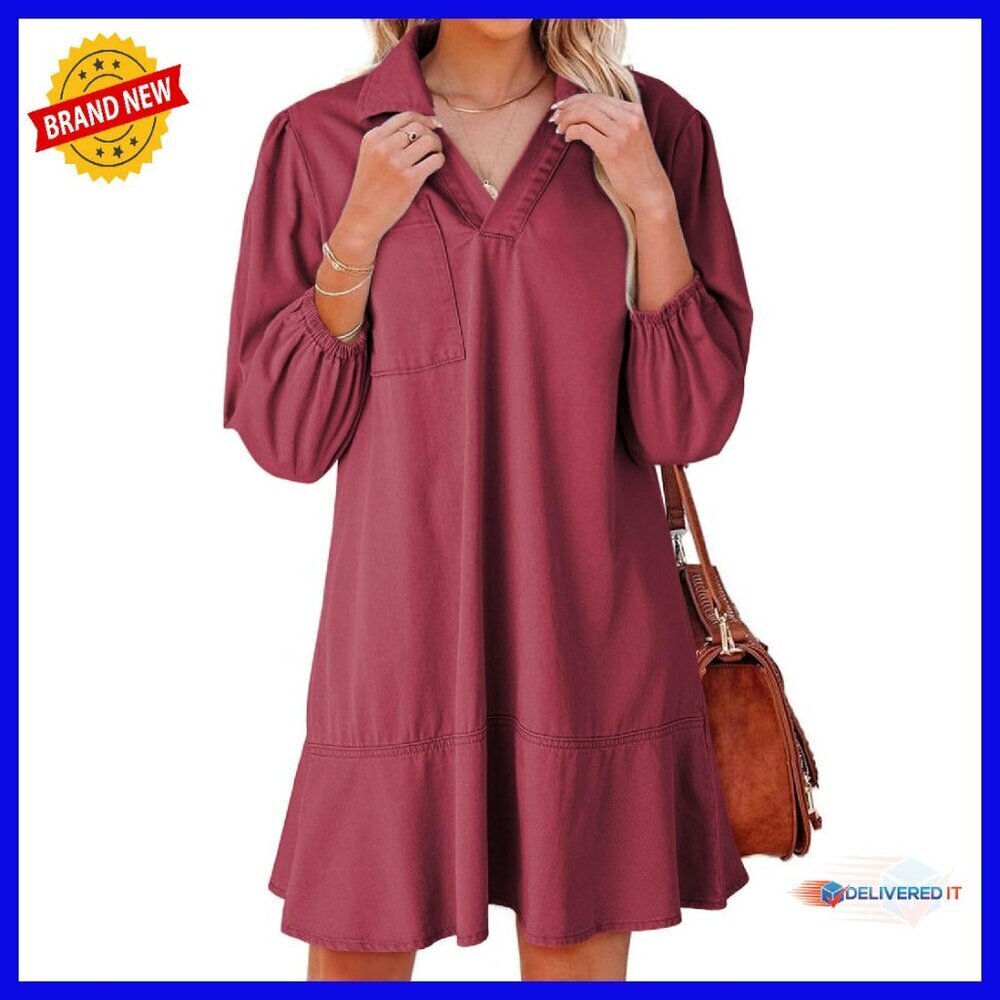 Denim Babydoll Dress V-Neck Puff Sleeve Casual Summer Women's